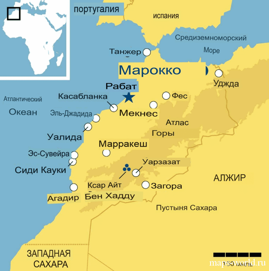 Карта Марокко с городами на русском языке